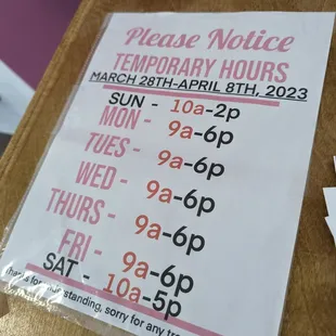 a notice for temporary hours