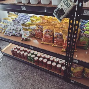 a shelf full of snacks