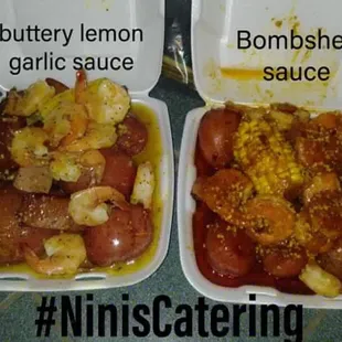 Shrimp boil with ninis famous Bombshell sauce and honey buttery lemon garlic sauce