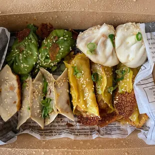 Gyoza Box (3 piece Crispy Chicken Pot-sticker, 2 Crispy Green Vegetable Gyoza, 2 Mini Pork Soup Bao, 3 piece Crispy Beef Pot-sticker)