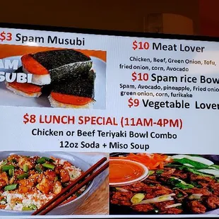 Lunch special, chicken, beef or spicy pork with 12oz soda and miso soup $8 serve every day