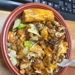 Chicken Bowl with extra chicken! Got a spring roll cause the lady upfront recognized me from all the other times I stop by!