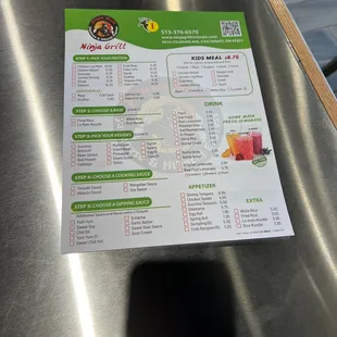 Menu where you order your food