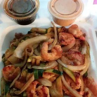 Shrimp Fried Rice, Soy Sauce and Yum Yum Sauce