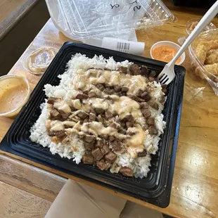 Bowl with White Rice, Steak, and Yum Yum