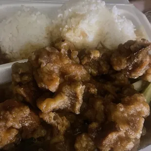 Hard stale orange chicken that tasted like it was old and reheated! Almost broke a tooth chewing it.