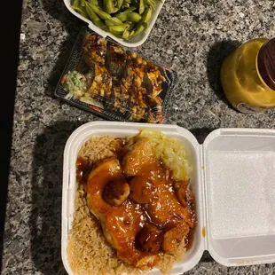 Salmon Teriyaki, Edamame and sushi