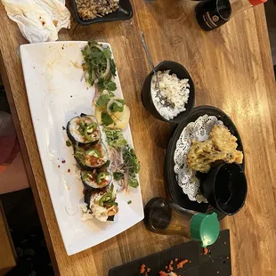 Tres amigos roll. Wake me up before you mango gogo. Vegetable tempura.