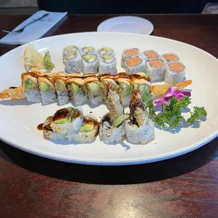 Spider roll, green river, California, and spicy tuna roll.