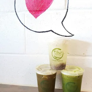 matcha summer, yuzu angel, and hojicha chai