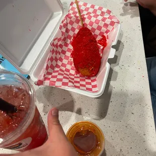 Hot Cheetos Korean corn dog, half beef half mozzarella