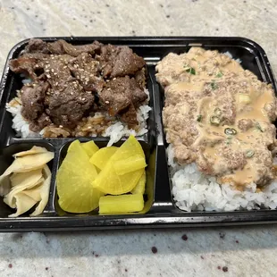 Combo Bento with Spicy Ahi Poke &amp; Kalbi Beef. Rice was hard.