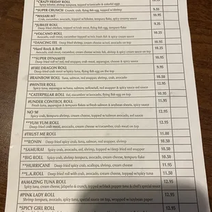 Sushi menu