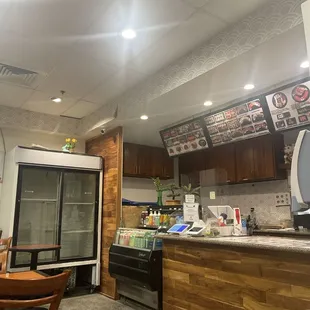 Pay station and drink bar.