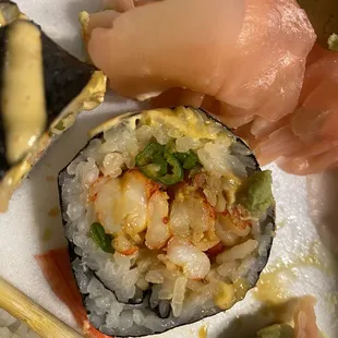 Close up of the spicy Cajun roll. Nice spice level. You can see the jalapeños and crawfish.
