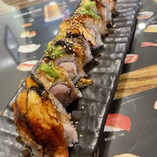 Drey's Roll (tempura roll with avocado and eel on top)