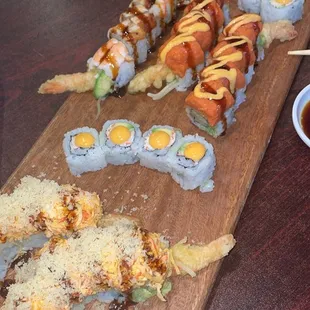 (starting on left) ninja special 2  Spicy California Roll Tiger Roll American Dream Roll Spicy California Roll