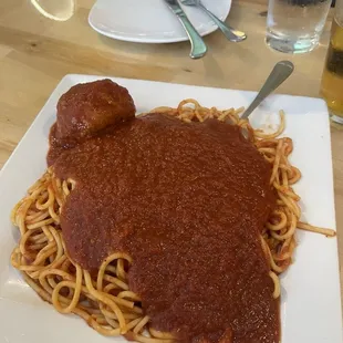 the spaghetti &amp; meatball $16 , great salad comes with. Good stuff!