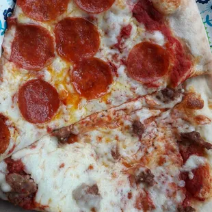 Slice of pepperoni and a slice of sausage.