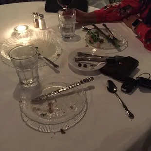a table with empty plates and utensils