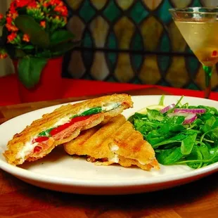 a plate of food and a drink