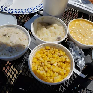 Sides: rice w/gravy, mashed potatoes, fries corn, mac-n-cheese