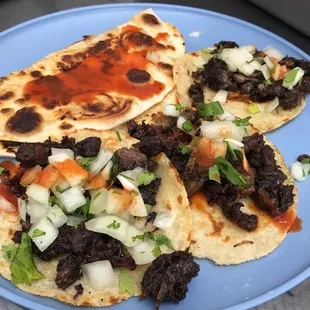 Steamed beef tacos and a quesadilla