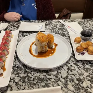 Red fantasy roll, honey stone roll and shrimp dumplings