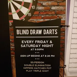 a sign for blind draw darts