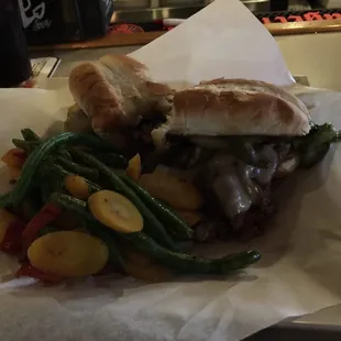 Sirloin steak sandwich and grilled veggies ! Yum !