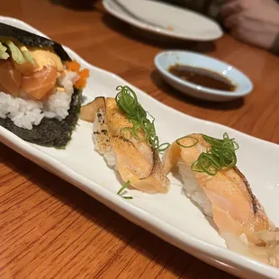 Spicy Salmon Roll, Seared Salmon Belly Nigiri