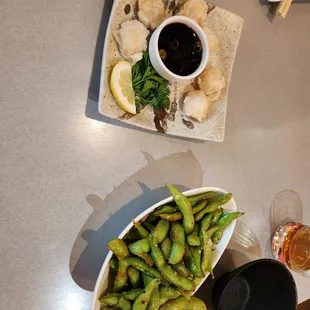 Spicy Garlic Edamame and snd  Shumai