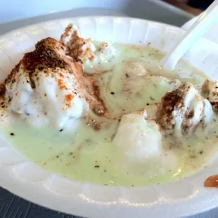 Spiced cake in a cool refreshing tart yogurt sauce. About a buck.