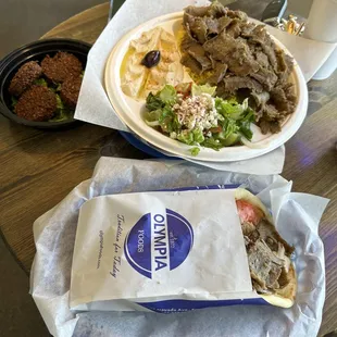 Gyro Pita Wrap, Gyro Hummus Plate, Falafel