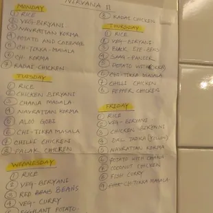 Menu for Nirvana II