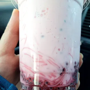 Badshadi Faloodi $7.99 in 12oz cup: rose water shake, basil seeds, faloodi noodles, and scoop of pistachio ice cream.