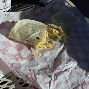 Inside chorizo breakfast burrito with homemade tortilla