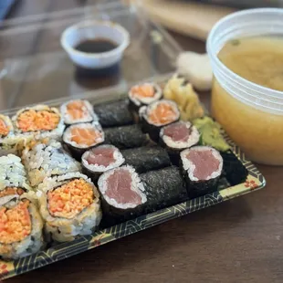 Three roll sushi lunch. Tuna roll, salmon roll and Spicy Crab roll with Miso Soup.