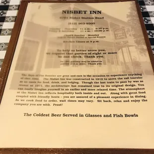 the menu for the nisbet inn