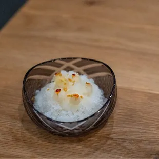 Kakigori, K&amp;J Farm's pear sorbet, ginger syrup, pop rocks