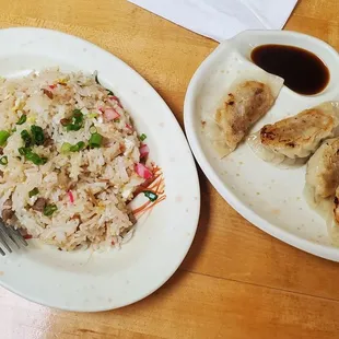 Combo Set A: Fried Rice, Mini Ramen (not pictured), Gyoza. $13.99