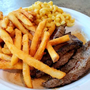London Broil with Seasoned Fries &amp; Macaroni &amp; Cheese. Always delicious!