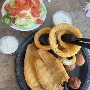 Fried Flounder with onion rings and side salad