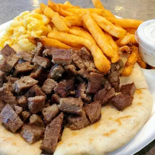 Gyro Platter with Mac n&apos; Cheese &amp; French Fries. The Tzatziki Sauce is superb!