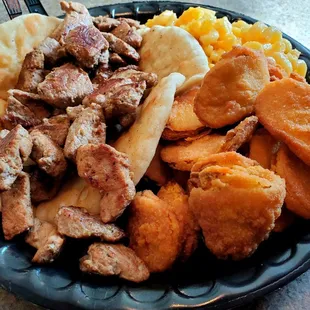 Souvlaki Platter with grilled Pita Bread, Macaroni &amp; Cheese and Fried Squash. Absolutely delicious!