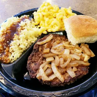 Hamburger Steak with Grilled Onions, Rice &amp; Gravy, Macaroni and Cheese and Dinner Roll