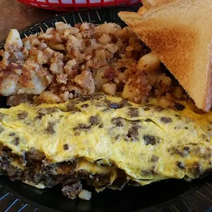 Livermush omelet with hash browns and toast