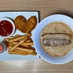 Kids Ramen meal- Half Bowl of tonkotsu ramen, Fries, Chicken Tender, and a yogurt drink. Only for kids 12 &amp; Under.