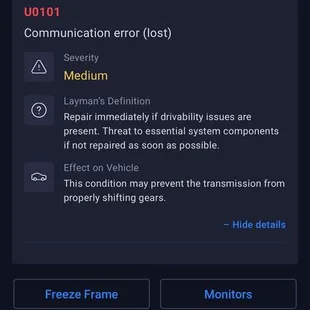 The issues with the car from the code reader.