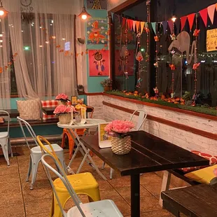 tables and chairs in a restaurant